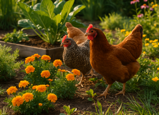 Chickens eating bugs in the garden.