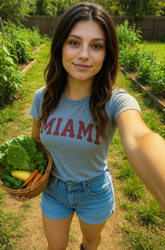Brunette woman homesteading in her garden, carrying a basket of vegetables.