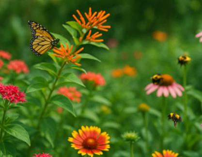 Butterfly and bumblebees on flowers.