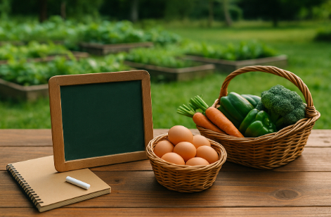 Homeschool supplies, chalkboard, eggs to count, notebook.