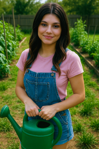 Christina wearing overalls and holding a green water jug.