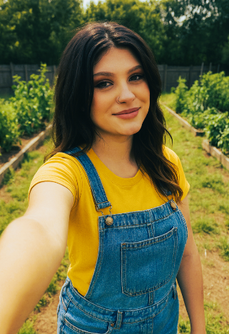 Christina takes a selfie in her garden.